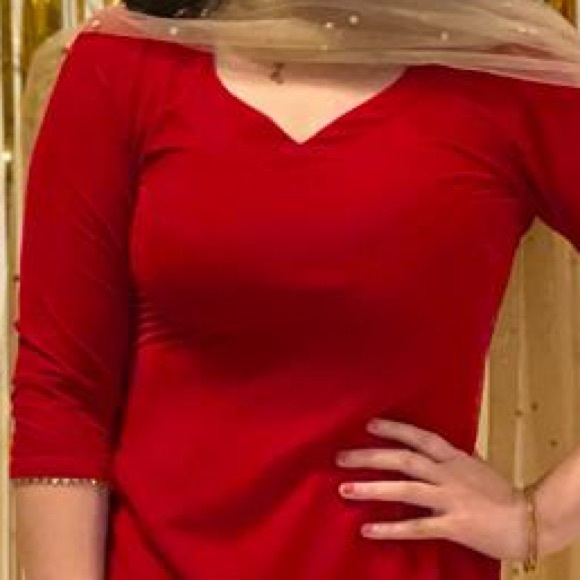 Red velvet pant suit with lace border - Picture 2 of 2